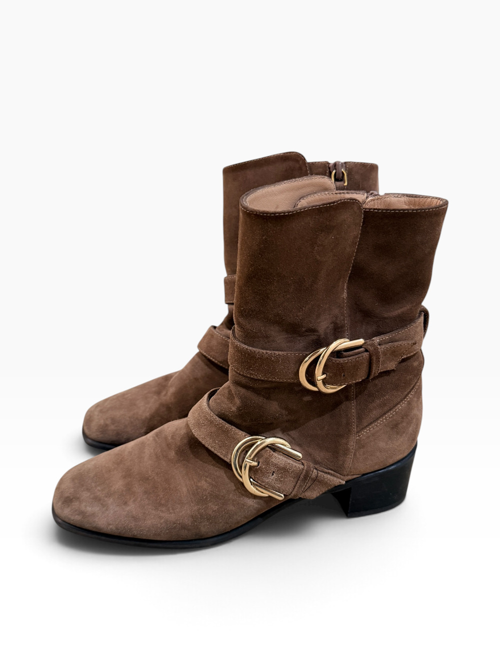 Stuart Weitzman Booties Womens Size 8.5 Brown Suede Buckle Ankle Boots